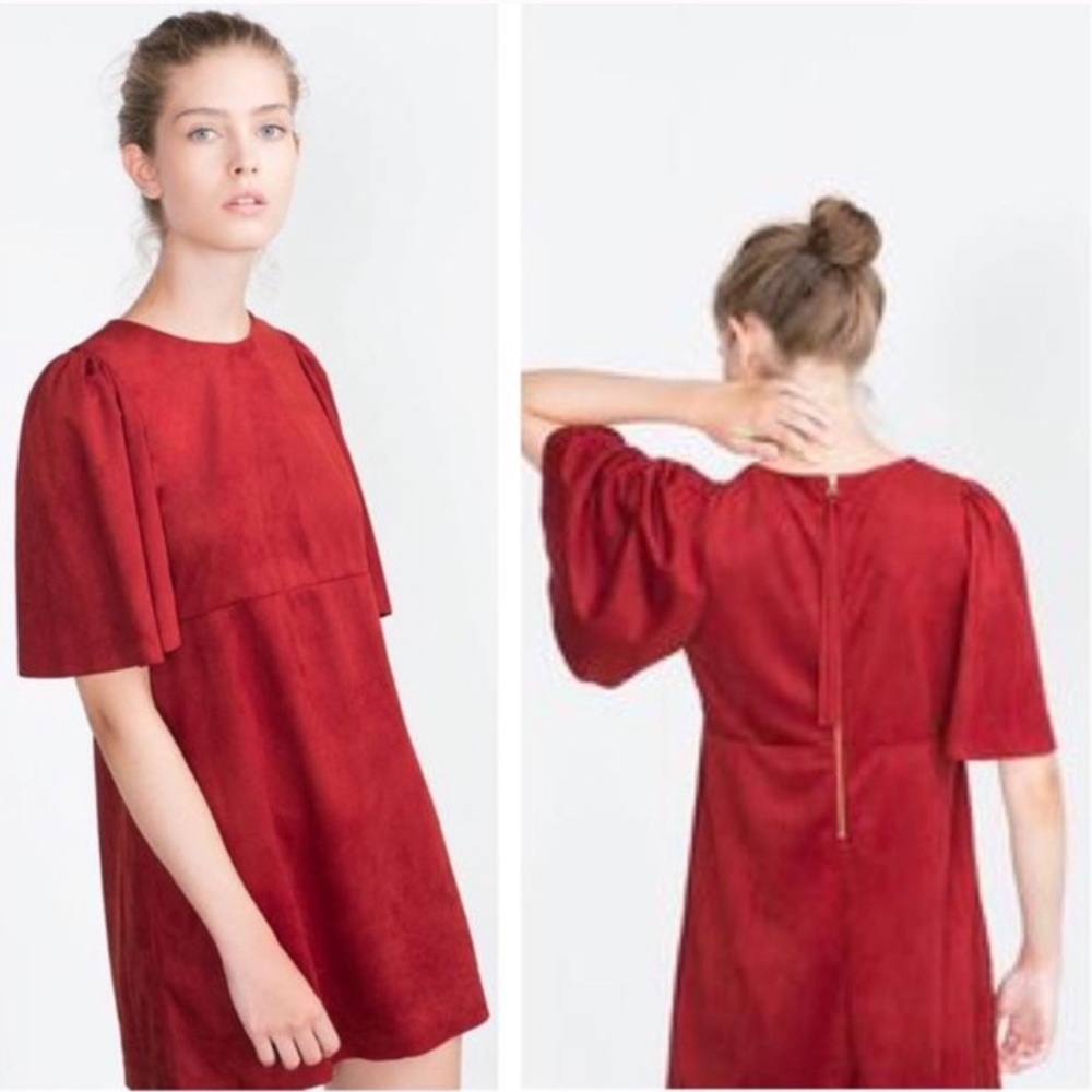 Zara faux suede bell-sleeve red mini dress